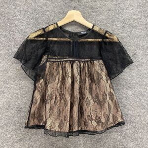 Mod Blouse Women S Small Black Lined Crochet Round Neck Short Sleeve Hook & Eye